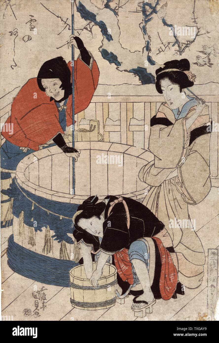 Tomorrow's snow. Print shows an upper class woman standing near a well and two women, possibly servants, getting water at the well. Stock Photo