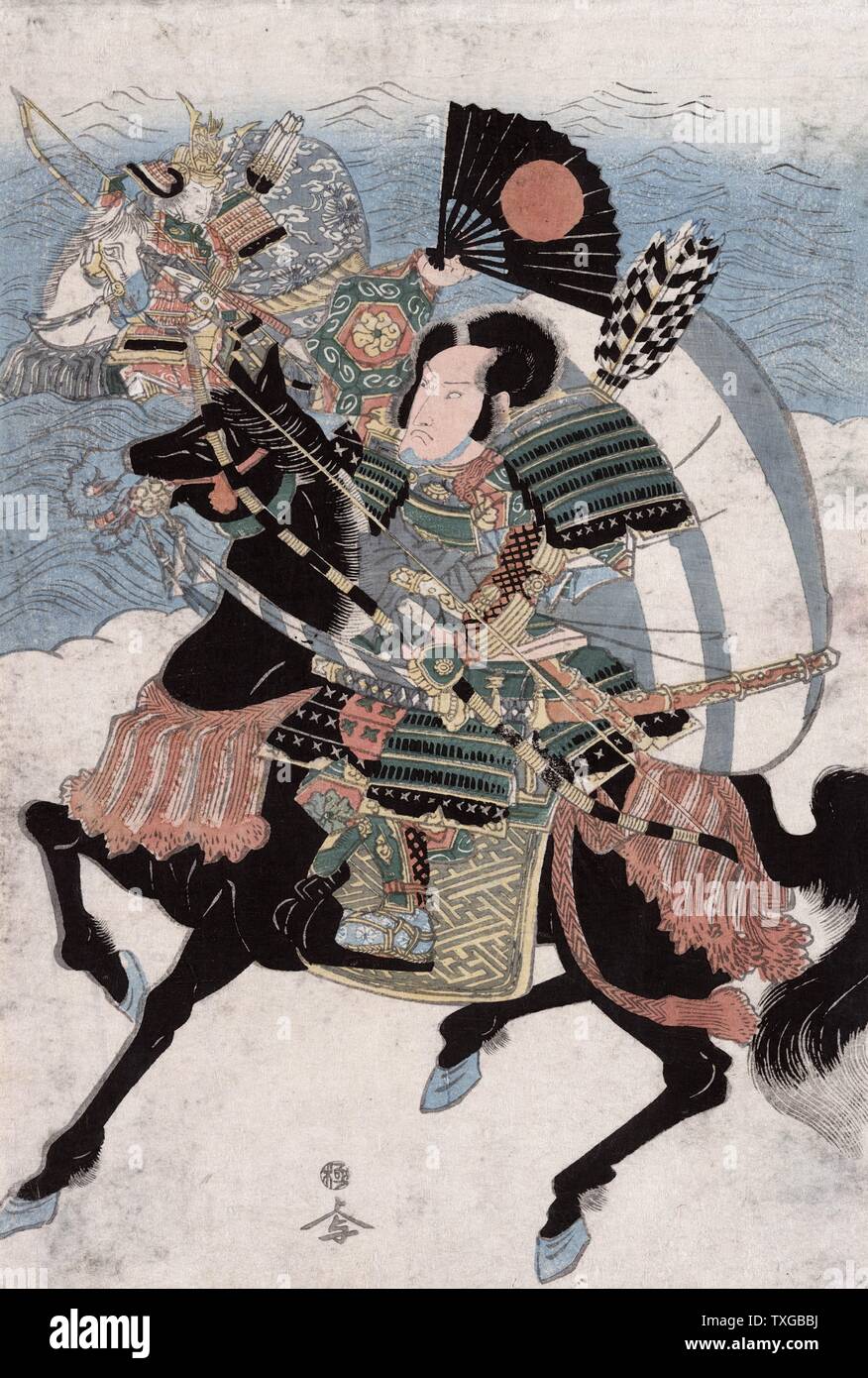The warriors Kumagai Naozane and Taira no Atsumori. Print shows two warriors on horseback with bow and arrows. Stock Photo