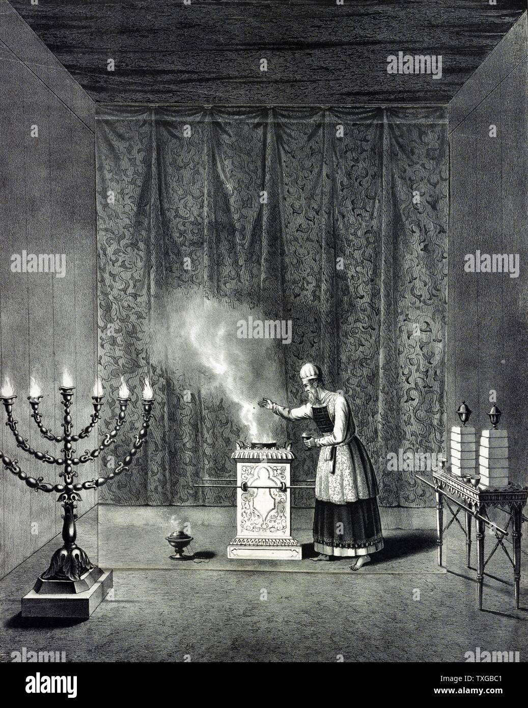 The holy place. Print shows, at center, a priest putting incense into a censer on The Altar of Incense, a large portable stand with carrying rods on two sides, a small censer sits on the floor nearby. On the left is The Golden Candlestick and on the right is The Table of Showbread. A large curtain hangs in the background. The central scene is a printed flap, which can be raised to display an underlying scene of the Holy of Holies with a priest kneeling to the left of the Ark of the Covenant. Stock Photo