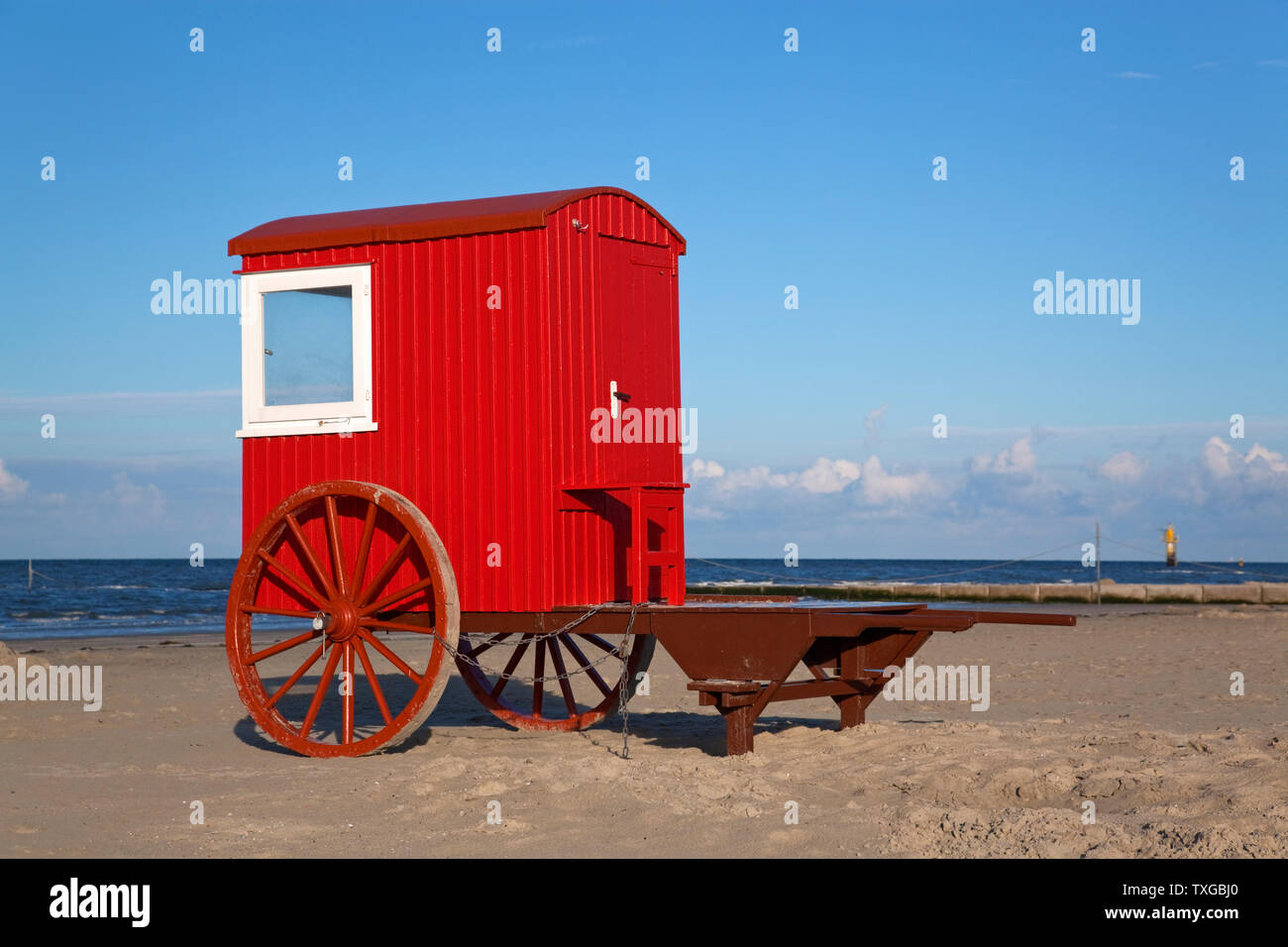 geography/travel, Germany, Lower Saxony, bathing machine at beach on isle Borkum, East Frisian Islands, Additional-Rights-Clearance-Info-Not-Available Stock Photo