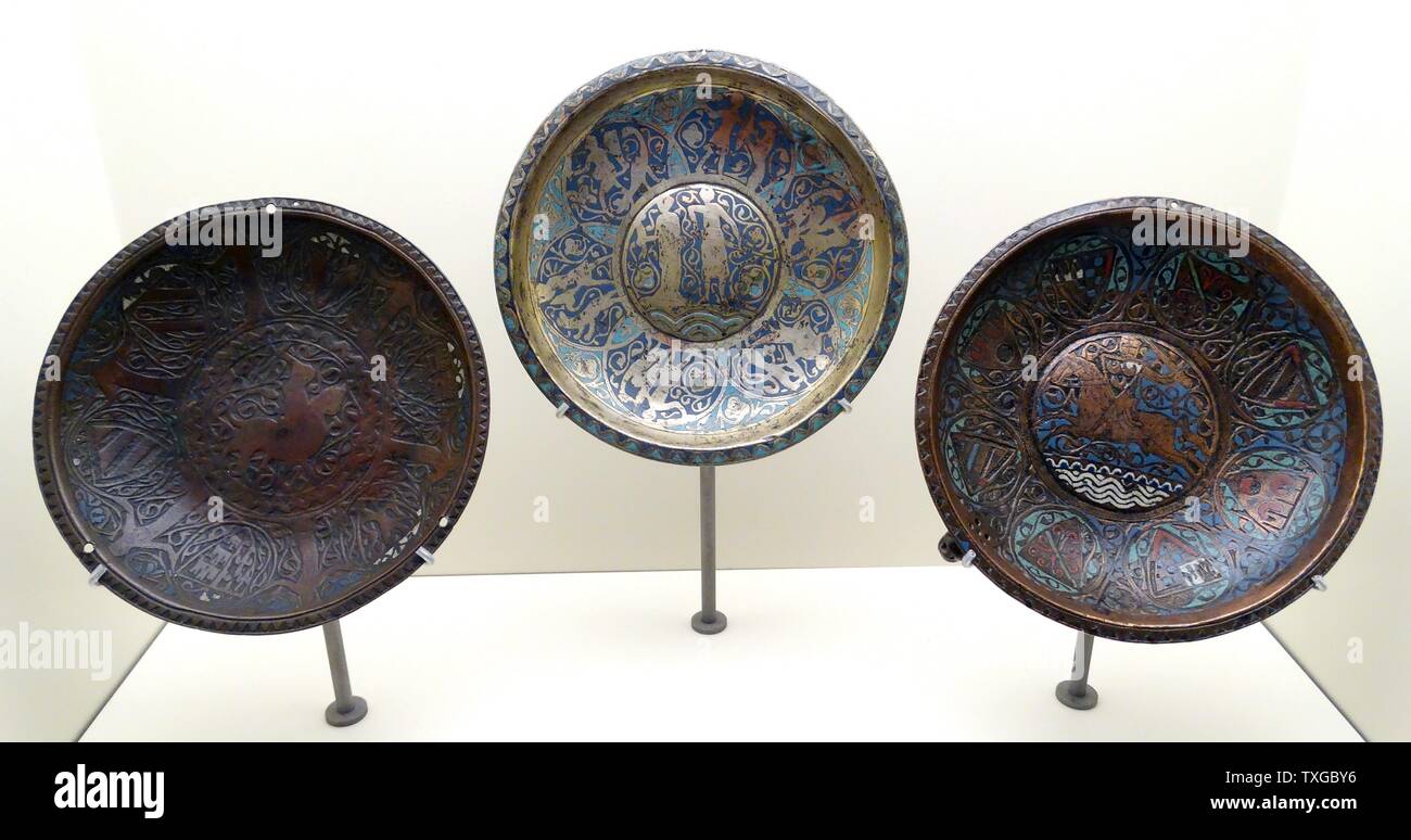 Dish with lady and gentleman, Dish with Cavalier and Dish with Rider by Anonymous. Copper engraving decorated with enamel and silver. Dated 13th Century Stock Photo