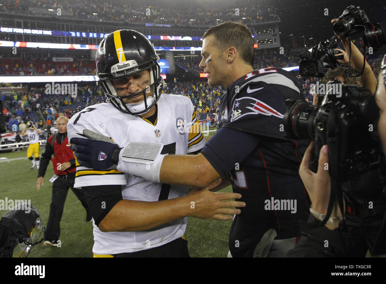 New England Patriots quarterback Tom Brady (12) shakes hands with Pittsburgh Steelers quarterback Ben Roethlisberger (7) after the Patriots defeated the Steelers 28-21 at Gillette Stadium in Foxborough, Massachusetts on September 10, 2015.     Photo by Matthew Healey/ UPI Stock Photo