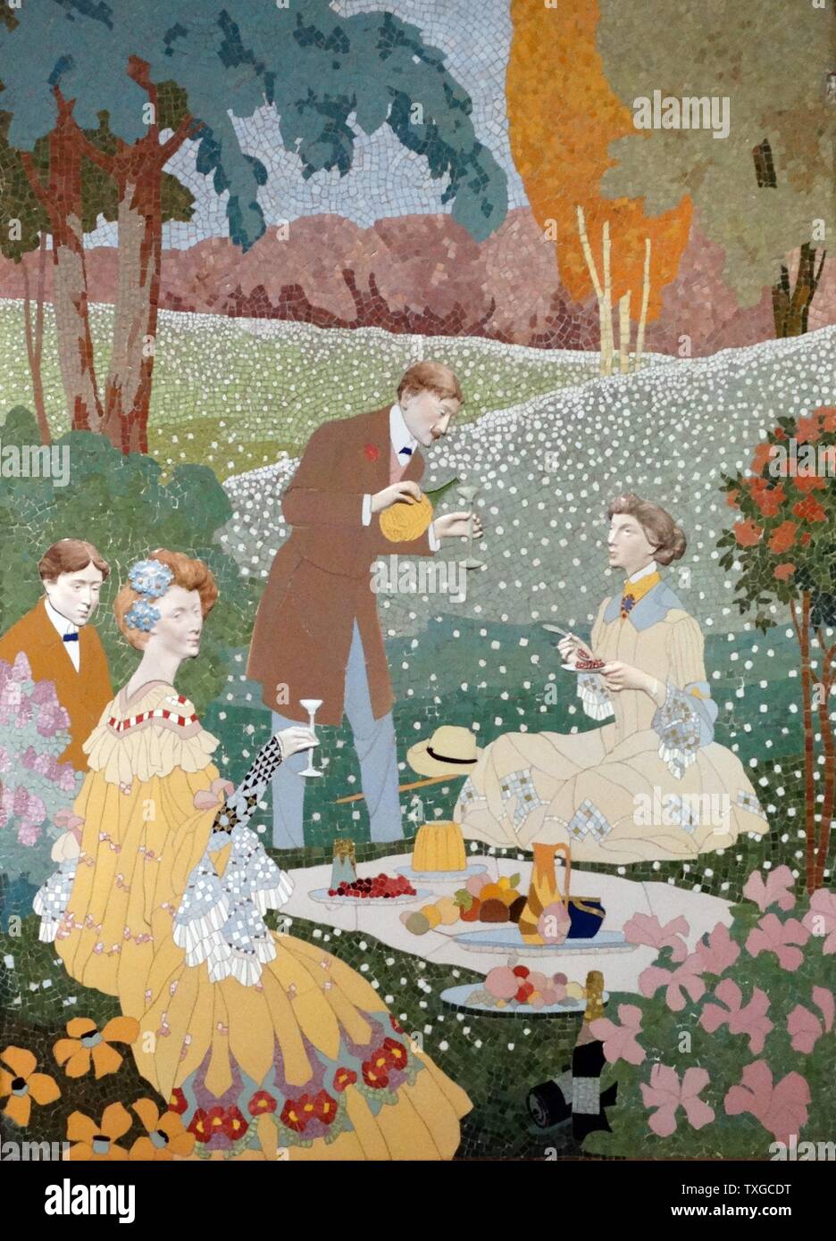 Ceramic mosaic depicting a picnic in the country. Dated 1906 Stock Photo