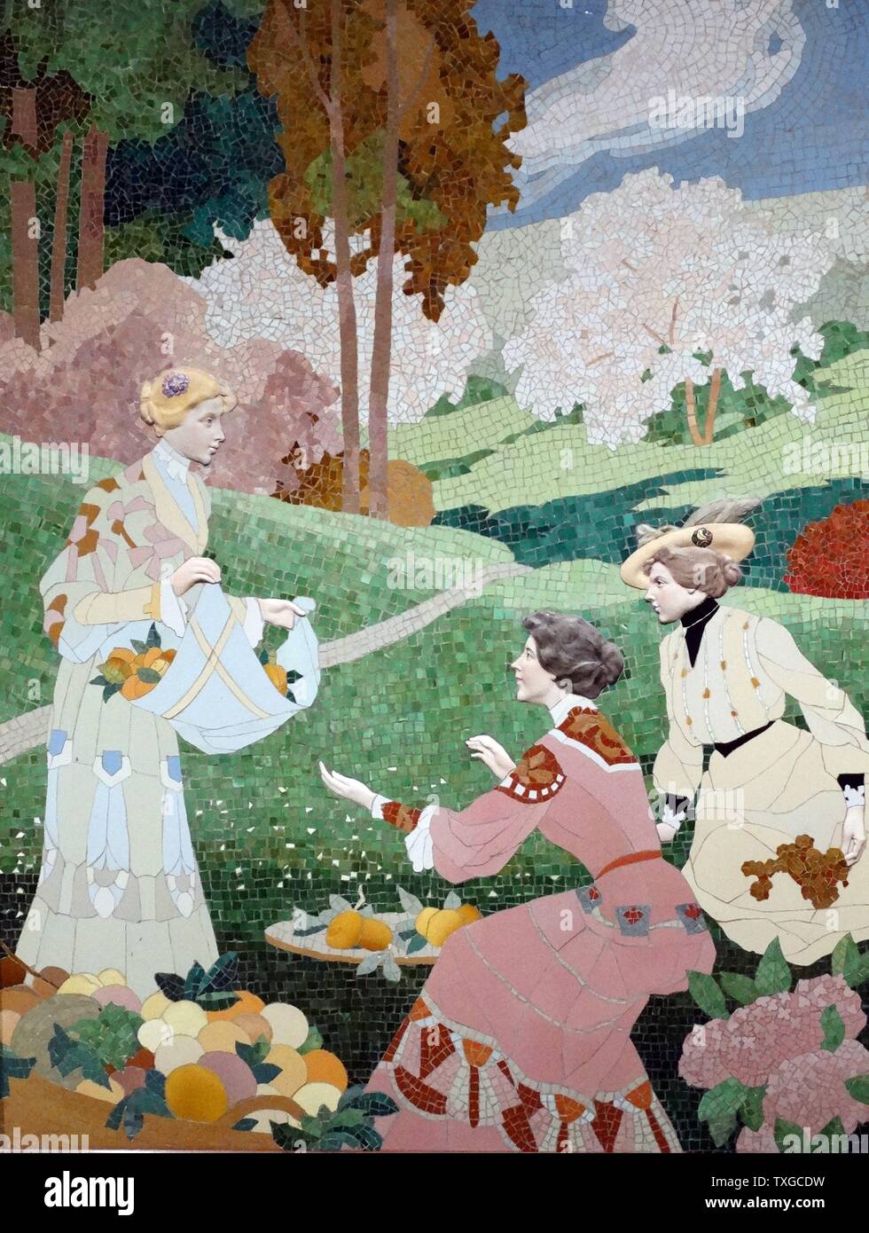 Ceramic mosaic depicting women harvesting fruit. Dated 1906 Stock Photo