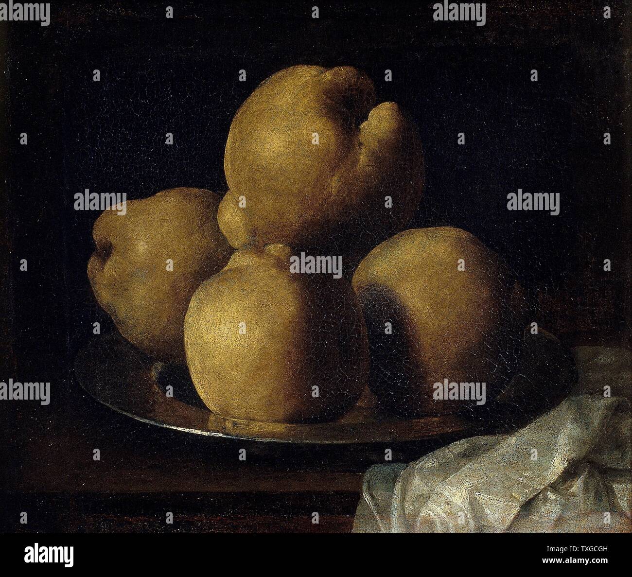 Painting titled 'Still life with Dish of Quince' by Francisco de Zurbarán (1598-1664) Spanish painter, known for his religious paintings. Dated 17th Century Stock Photo