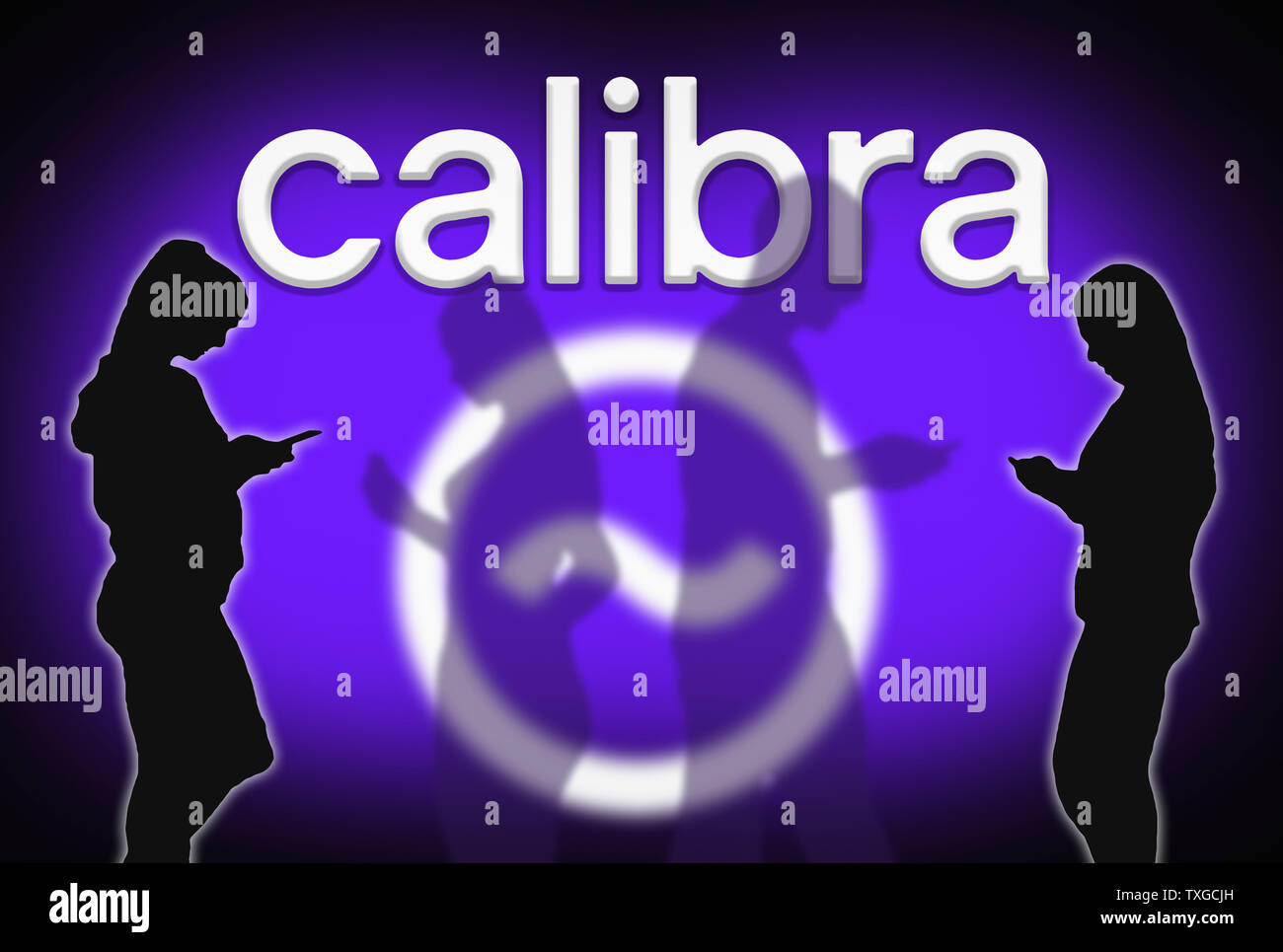 Silhouettes of people using Facebook's Calibra Digital Wallet app on mobile devices, sending & receiving money using Libra blockchain cryptocurrency. Stock Photo
