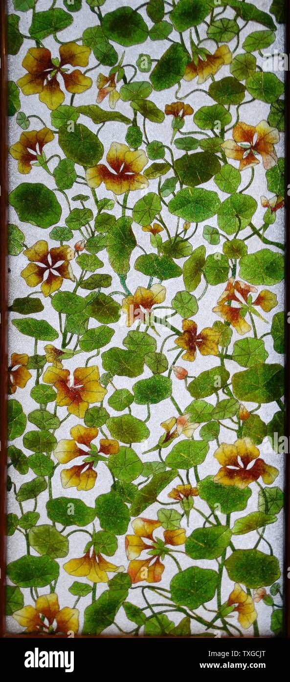 Glass and Wood screen decorated with flowers by Frederic Vidal (1882-1950) Spanish painter. Dated 1900 Stock Photo