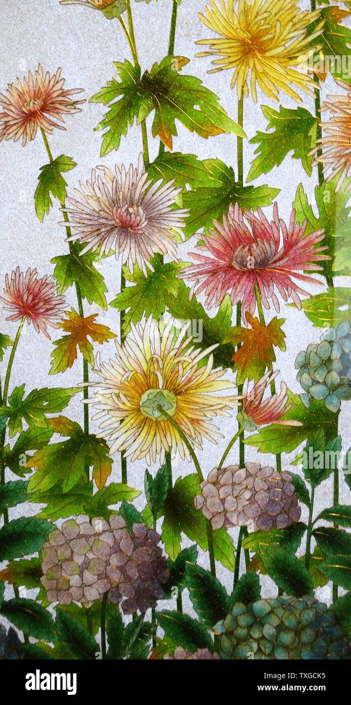 Glass and Wood screen decorated with flowers by Frederic Vidal (1882-1950) Spanish painter. Dated 1900 Stock Photo