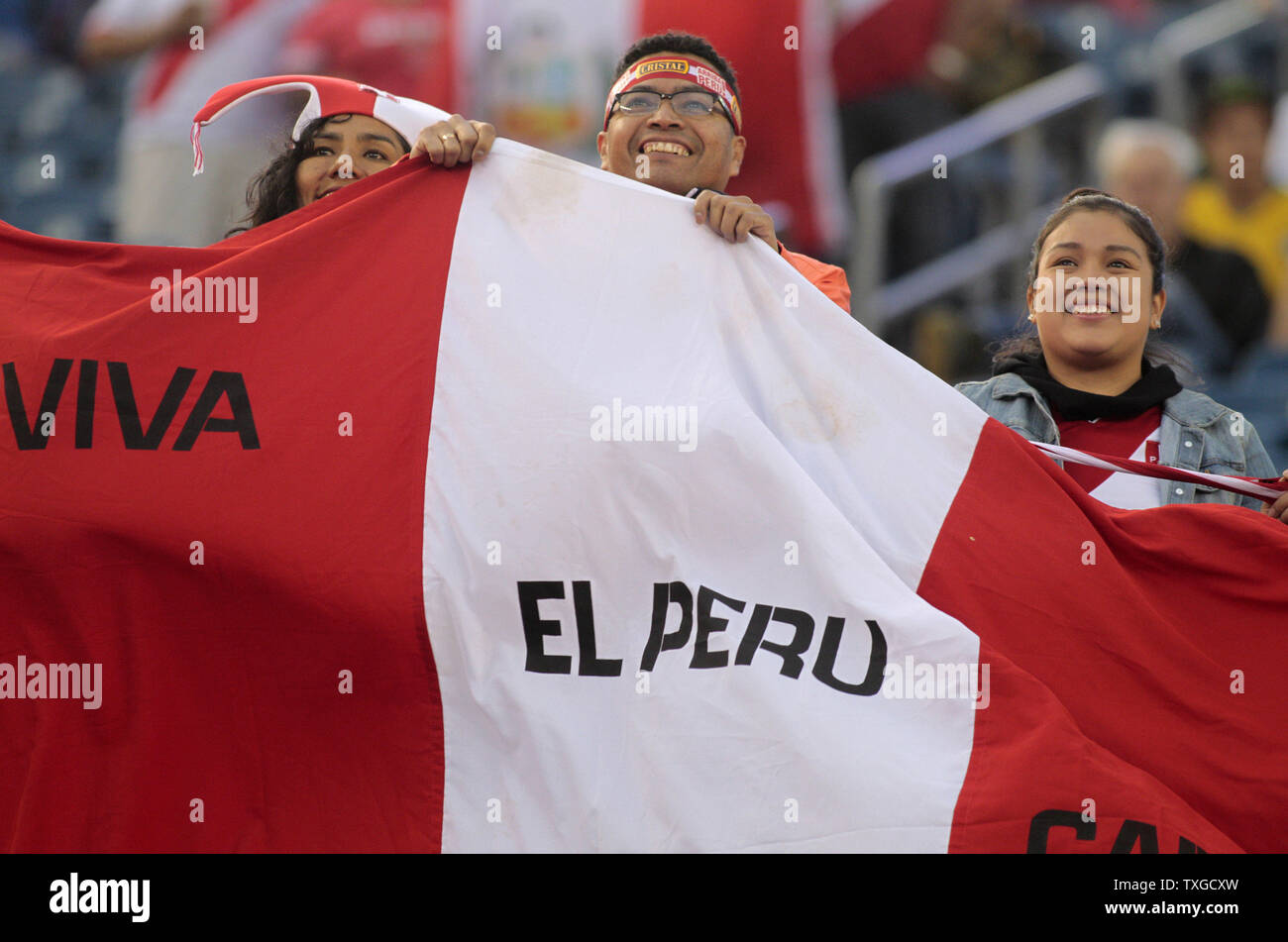 Fans of the Peru soccer team await the arrival of their team prior to the 2016 Copa America Centenario Group B match against Brazil at Gillette Stadium in Foxborough, Massachusetts on June 12, 2016.  Photo by Matthew Healey/UPI Stock Photo
