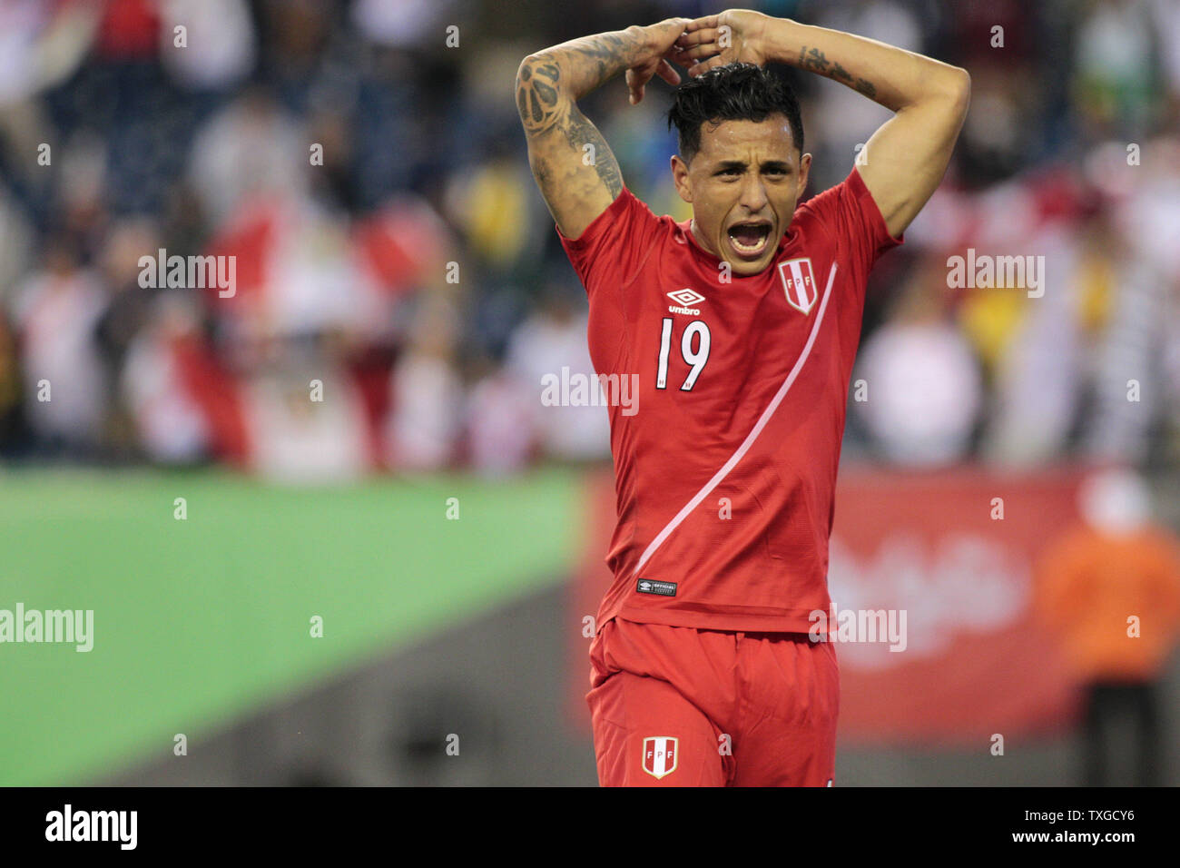 Peru midfielder Victor Yotun (19) yells to fans after the team defeated Brazil in the 2016 Copa America Centenario Group B match at Gillette Stadium in Foxborough, Massachusetts on June 12, 2016.   Photo by Matthew Healey/UPI Stock Photo