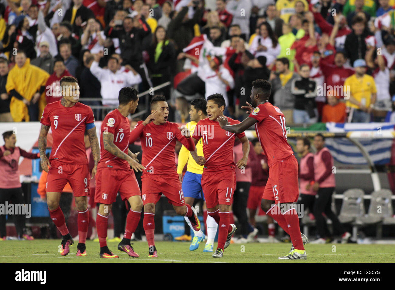 Peru players celebrate after they scored against Brazil in the second half of the 2016 Copa America Centenario Group B match at Gillette Stadium in Foxborough, Massachusetts on June 12, 2016. Peru defeated Brazil 1-0.  Photo by Matthew Healey/UPI Stock Photo