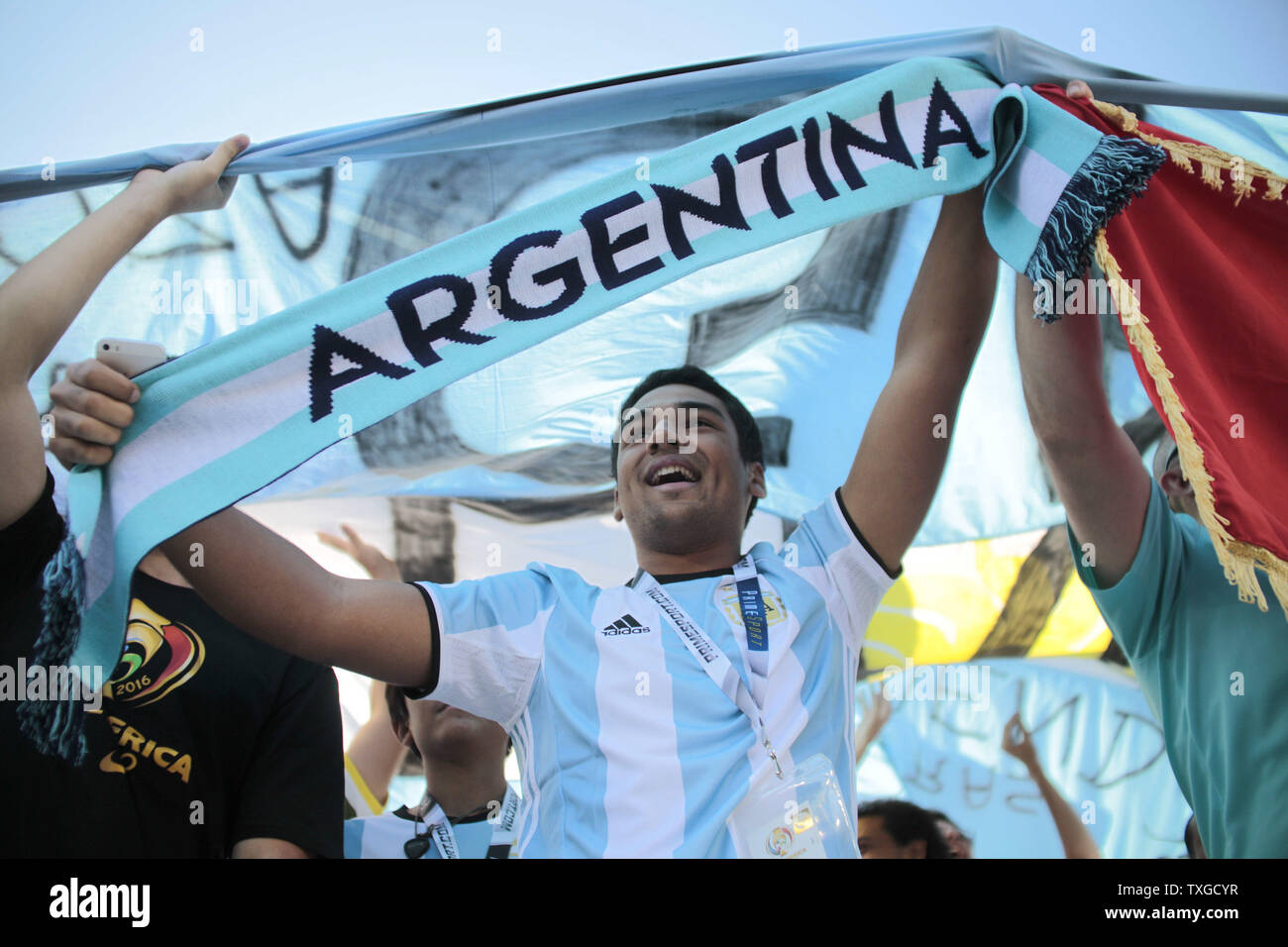 An Argentina fan waves a scarf in the stands prior to the 2016 Copa America Centenario quarterfinal match between Argentina and Venezuela at Gillette Stadium in Foxborough, Massachusetts on June 18, 2016.  Photo by Matthew Healey/UPI Stock Photo