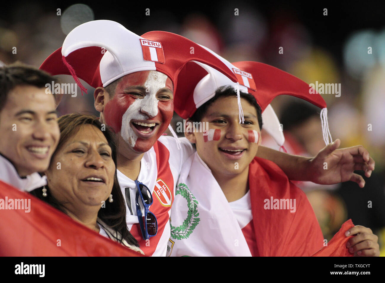Peru fans cheer for their team after they defeated Brazil in the 2016 Copa America Centenario Group B match at Gillette Stadium in Foxborough, Massachusetts on June 12, 2016. Peru defeated Brazil 1-0.  Photo by Matthew Healey/UPI Stock Photo