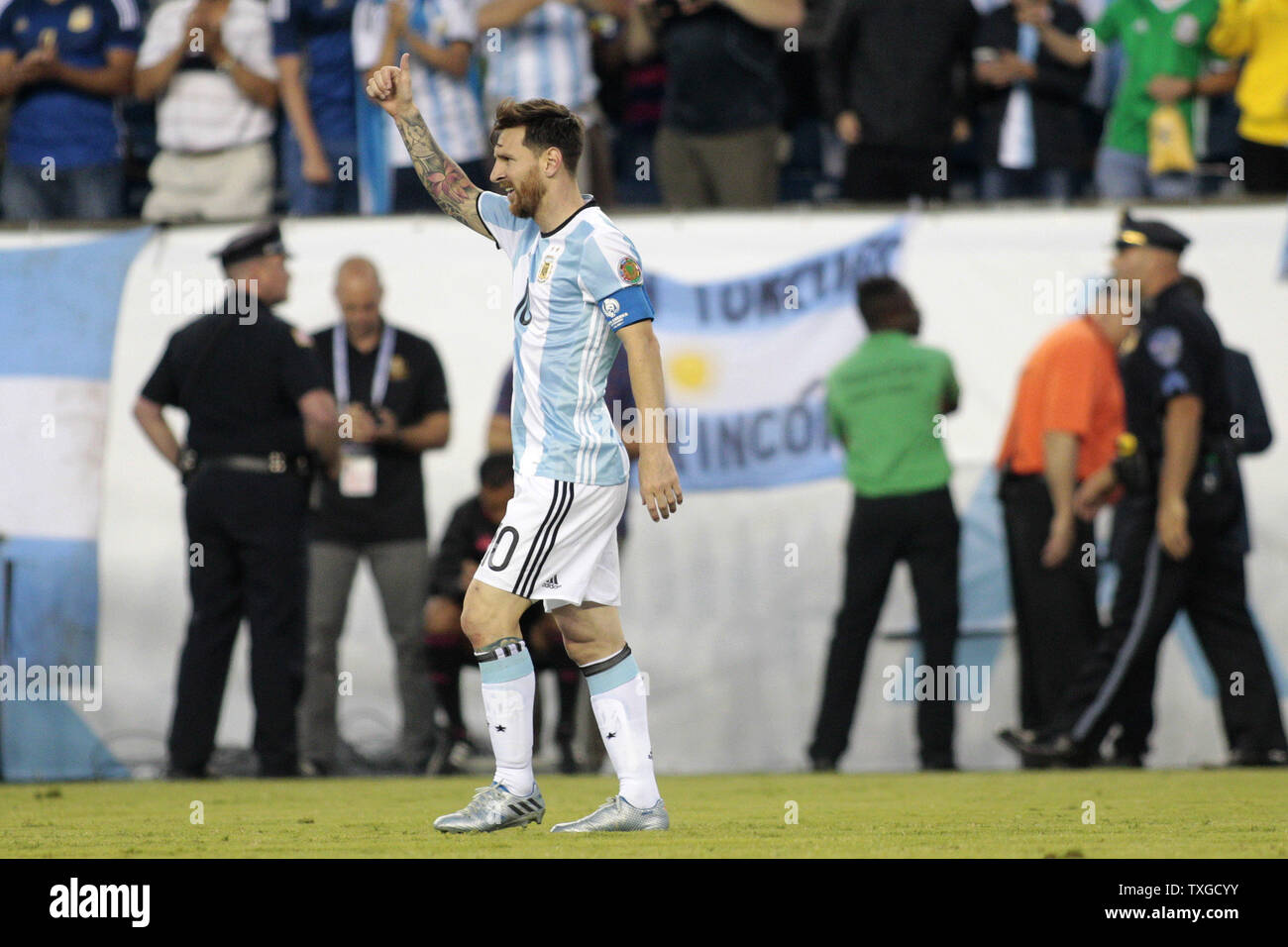 Argentina midfielder Lionel Messi (10) gives a thumbs up after scoring against Venezuela in the second half of the 2016 Copa America Centenario quarterfinal match at Gillette Stadium in Foxborough, Massachusetts on June 18, 2016. Argentina defeated Venezuela 4-1. Photo by Matthew Healey/UPI Stock Photo