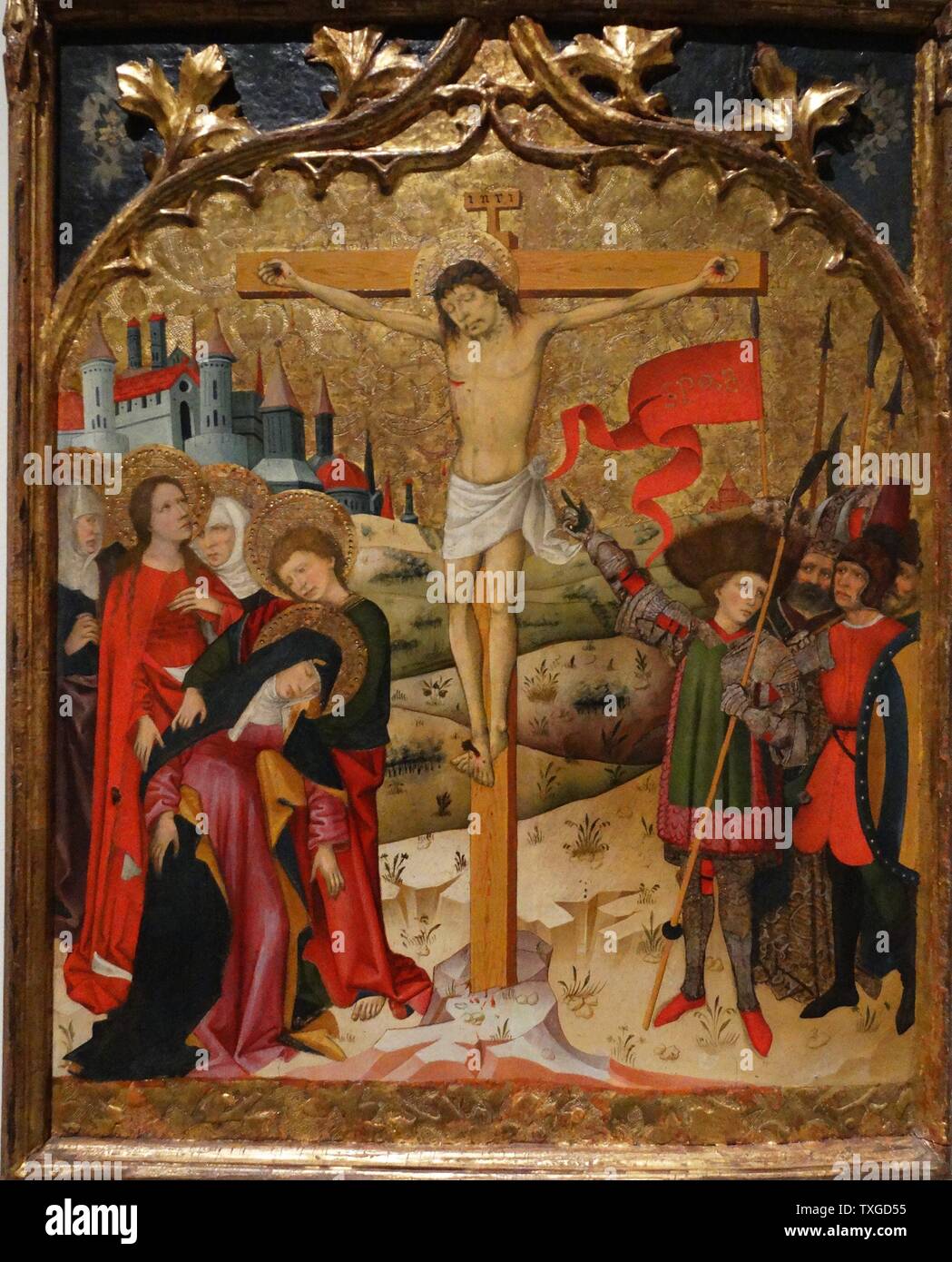 Painting depicting the Calvary and Crucifixion of Jesus Christ by The Master of St. John and St. Stephen. Dated 15th Century Stock Photo