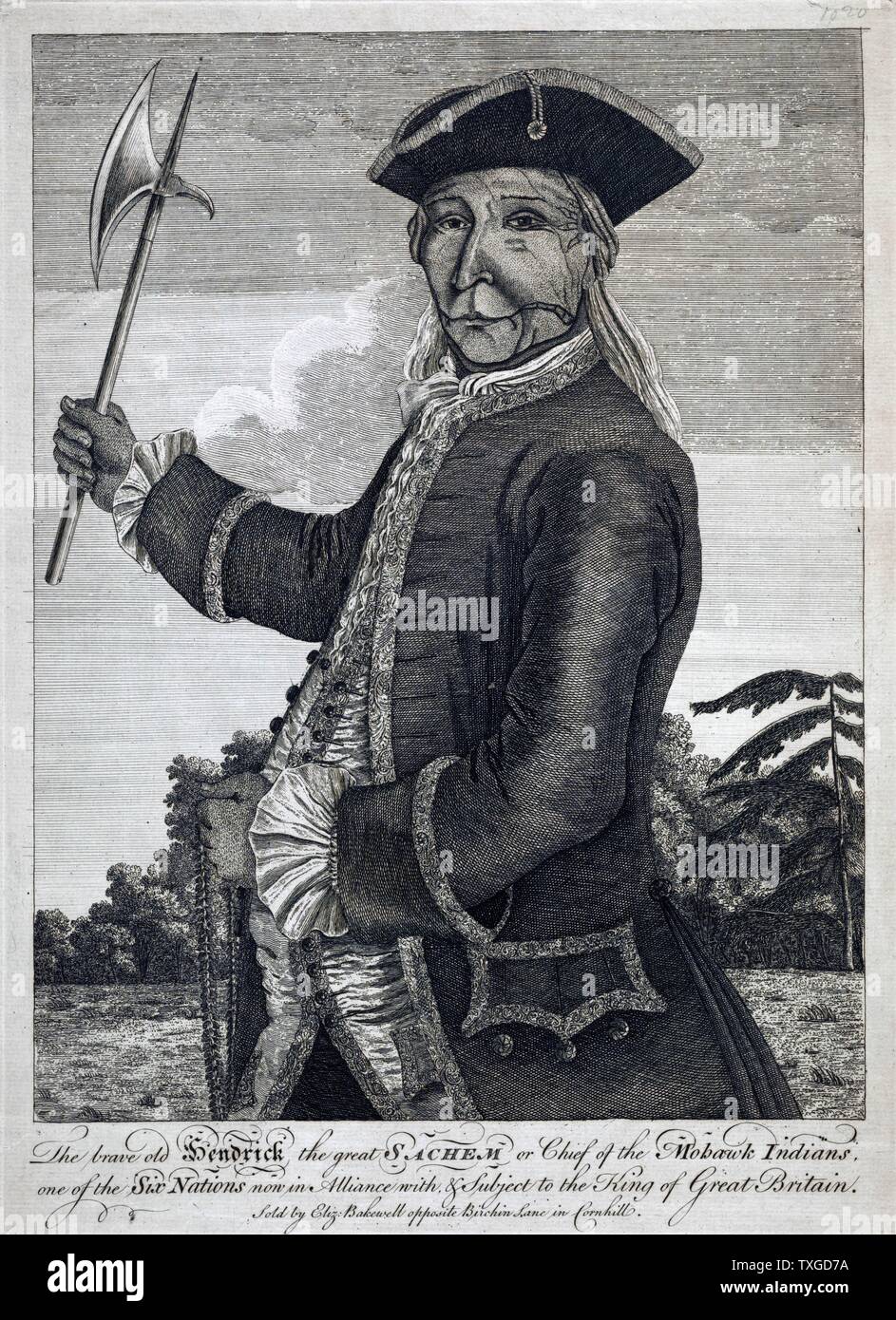 The brave old Hendrick the great sachem or chief of the Mohawk Indians. Print shows Hendrick, Tiyanoka, also spelled Theyanoguin or Tee Yee Neen Ho Ga Row, the great Mohawk sachem, wearing European style military uniform. Hendrick was one of four Mohawk Indians who visited England in 1710 and again in 1740. On his second visit he received elaborate court clothing trimmed with gold lace. Hendrick negotiated peace between the Six Nations and Great Britain at the Albany Conference of 1754. He was killed during the Battle of Lake George on September 8, 1755. Stock Photo