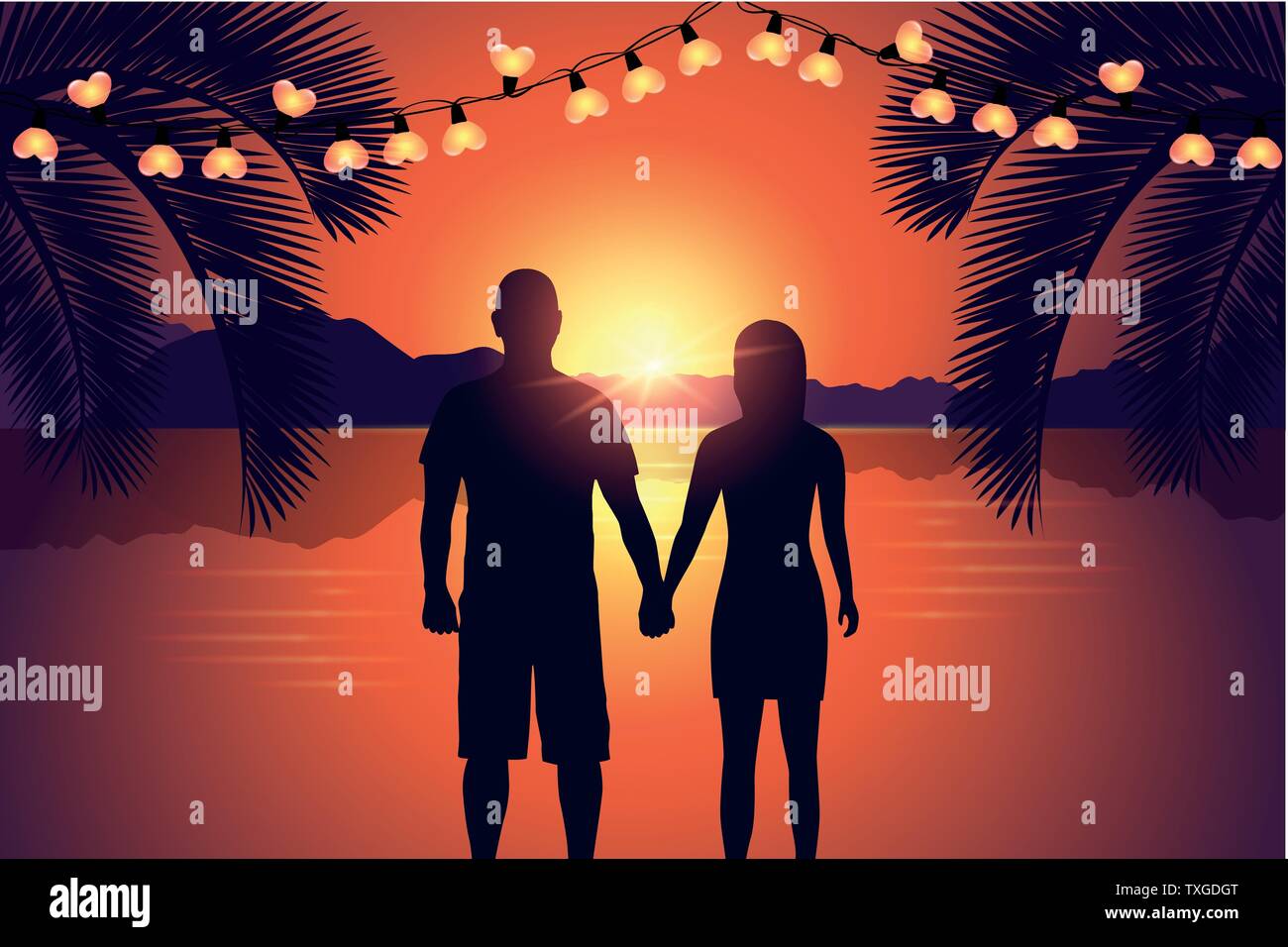 couple enjoy the romantic sunset at paradise beach vector illustration ...