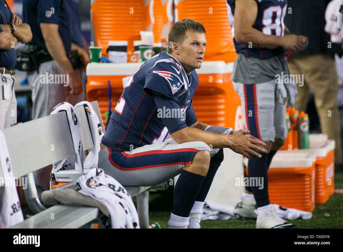 New England Patriots quarterback Tom Brady (12) watches the scoreboard in the second quarter of a preseason game against the Jacksonville Jaguars at Gillette Stadium in Foxborough, Massachusetts on August 10, 2017. Photo by Matthew Healey/ UPI Stock Photo