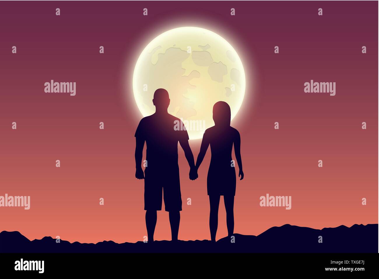 young couple looks to the full moon silhouette vector illustration ...