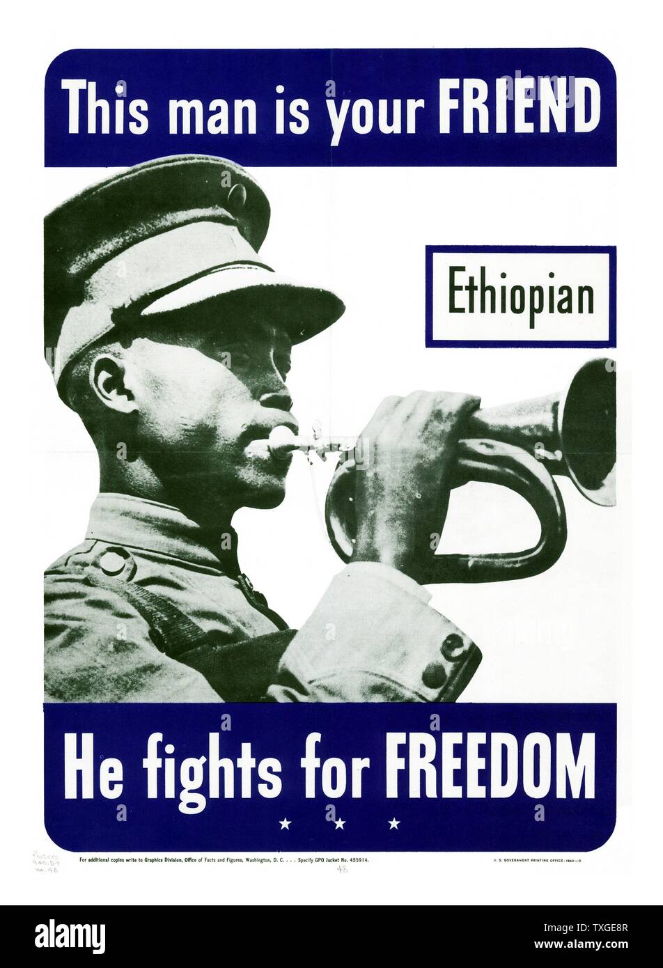 Patriotic Second World War poster depicting a Ethiopian US ally. Dated 1943 Stock Photo