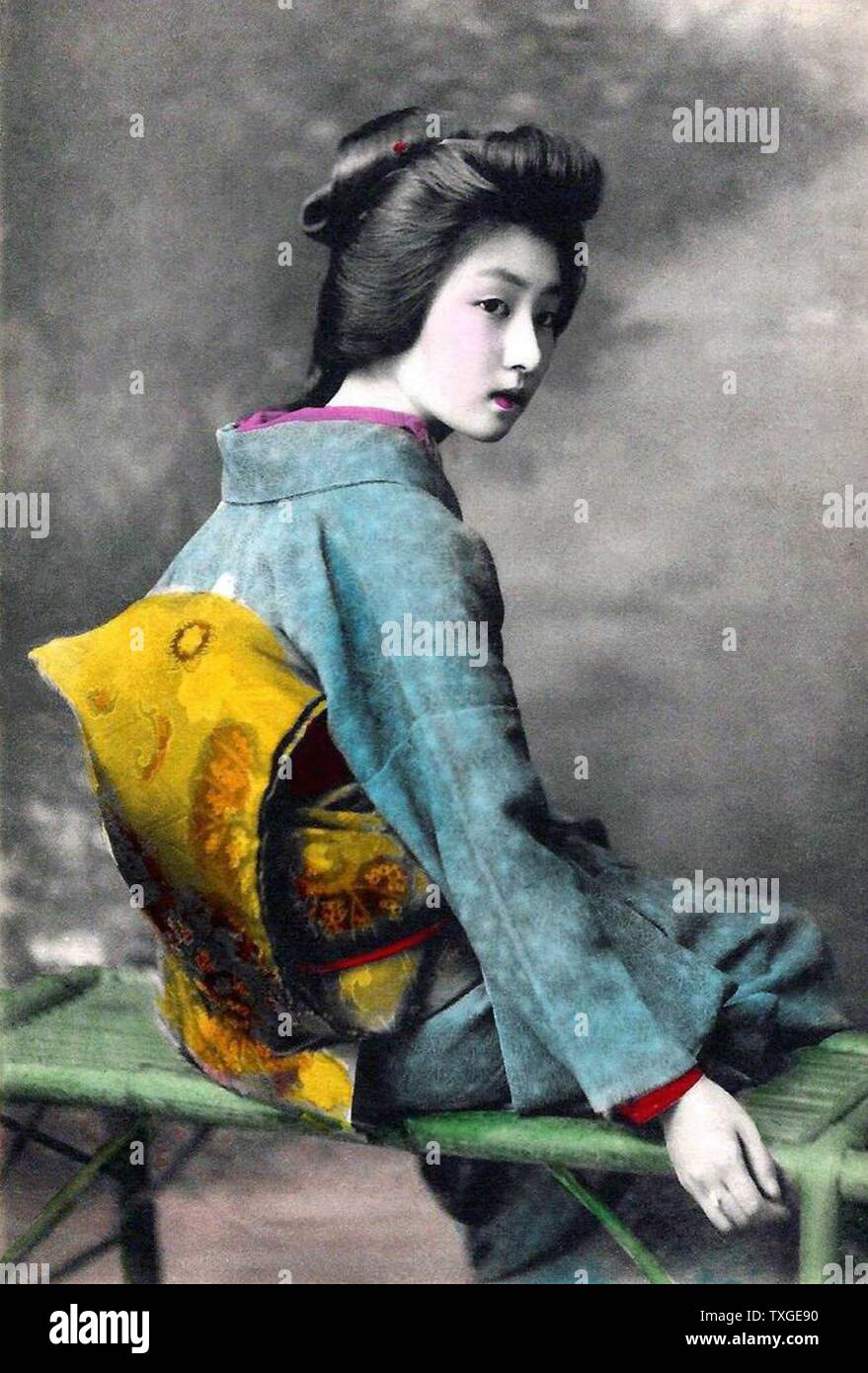 Hand-coloured photograph of Japanese woman by Felice Beato (1832-1909) Italian-British photographer. Dated 1869 Stock Photo