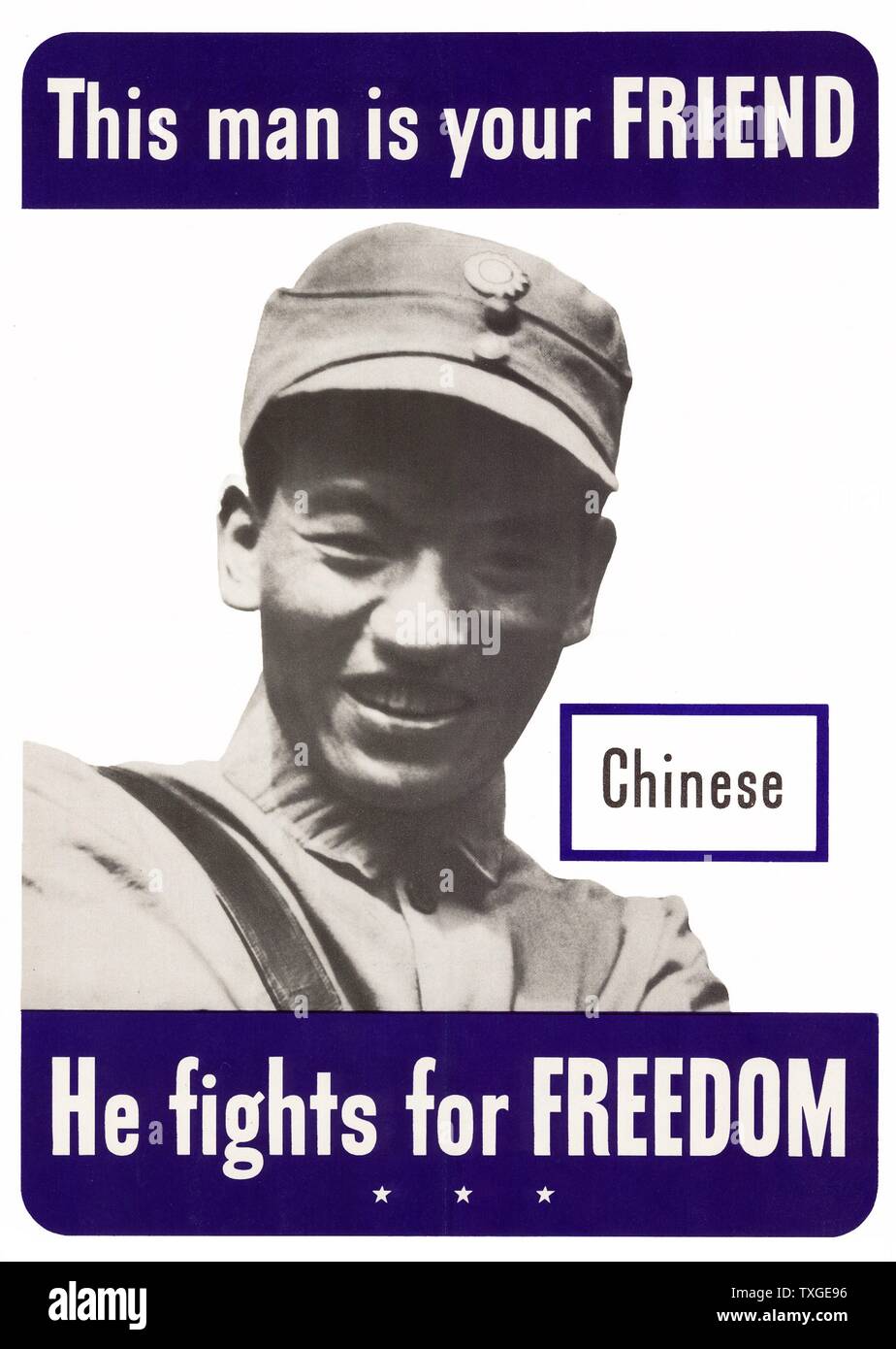 Patriotic Second World War poster depicting a Chinese US ally. 1943 Stock Photo