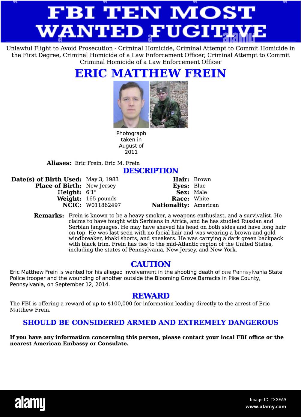 Top Ten Most Wanted notice issued by the FBI for Eric Matthew Frein (1983-) wanted for his alleged involvement in the shooting death of one of Pennsylvania State Police Trooper and wounding another. Dated 2014 Stock Photo
