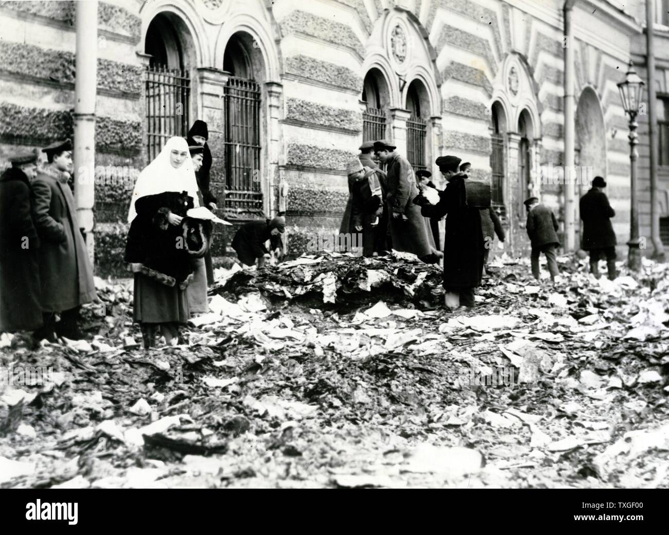 Street scene after looting in a Russian city during the 1917 Russian Revolution. Stock Photo