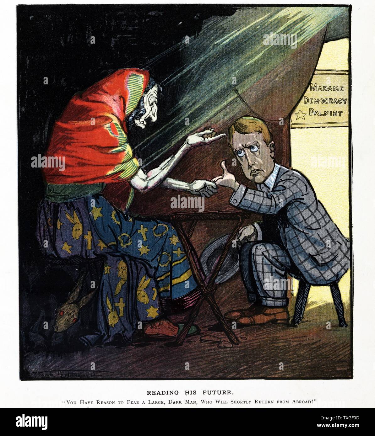 Political satire illustration depicting Madame Democracy Palmist, reading William Randolph Hearst's palm and speaking of the future. Dated 1931 Stock Photo