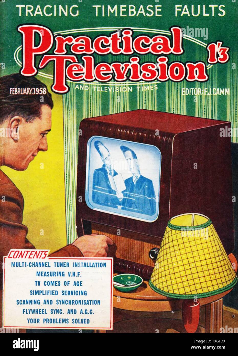 Adjusting an early television (cover of practical television magazine). 1958 Stock Photo
