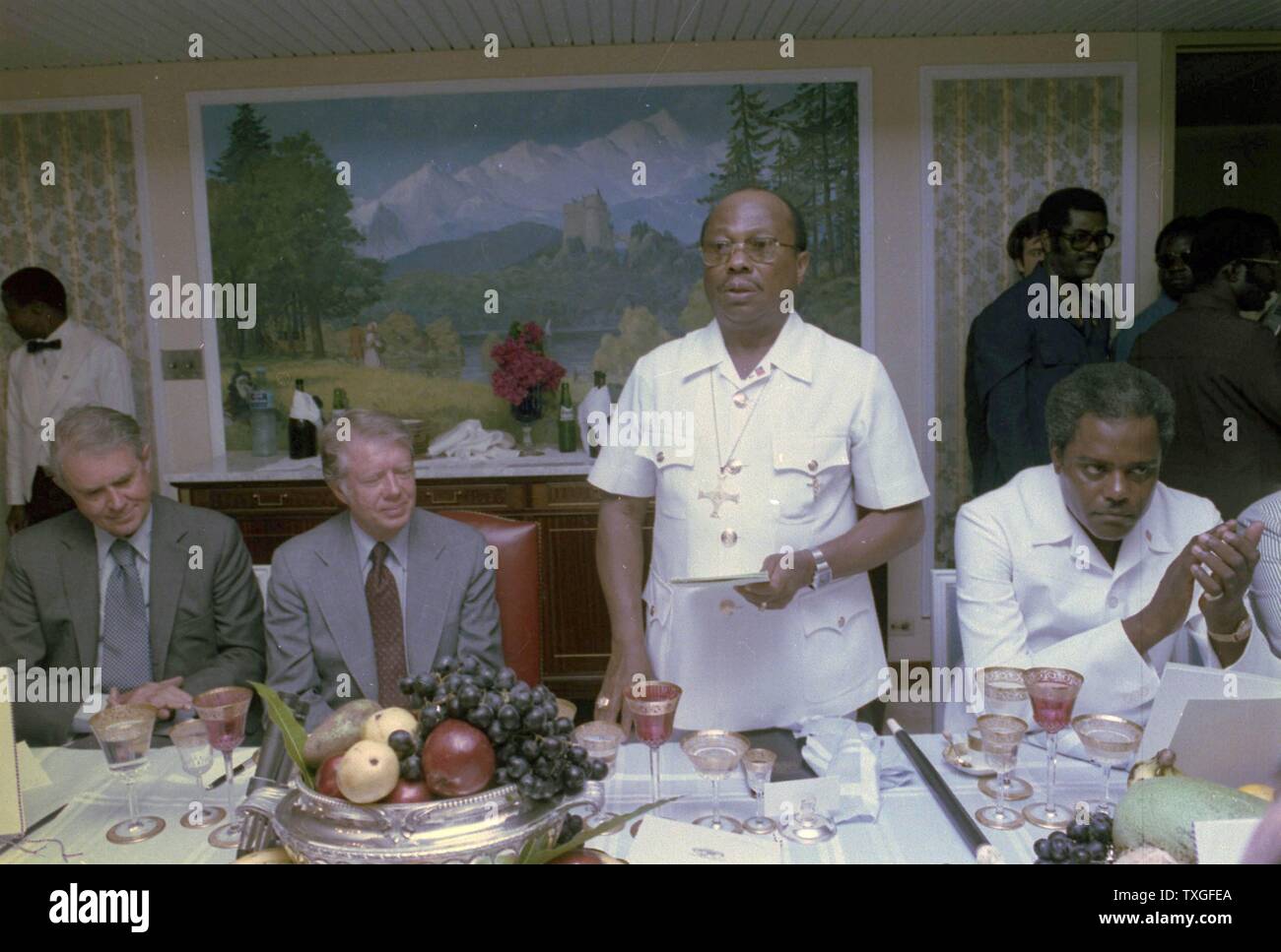 US president Jimmy Carter and Secretary of State Cyrus Vance, attend a luncheon hosted by Liberian President William Tolbert, 1978 Stock Photo