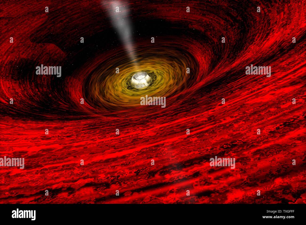 The View Near a Black Hole, drawn by April Hobart, CXC: In the center of a swirling whirlpool of hot gas is a black hole. Studies of the bright light emitted by the swirling gas frequently indicate not only that a black hole is present, but also likely attributes. Stock Photo