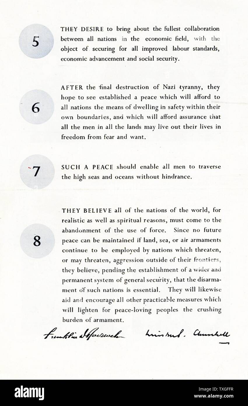 Second page of the Atlantic Charter; a pivotal policy statement issued on August 14, 1941 that, early in World War II, defined the Allied goals for the post-war world. It was drafted by the leaders of the United Kingdom and the United States, and later agreed to by all the Allies of World War II. Stock Photo