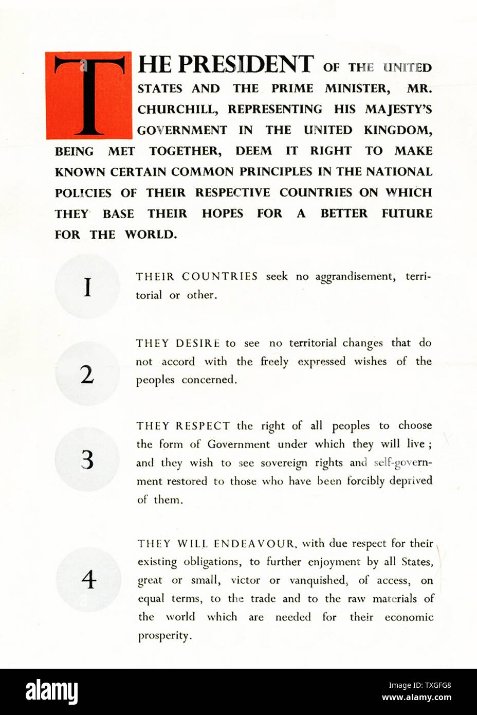 First page of the Atlantic Charter; a pivotal policy statement issued on August 14, 1941 that, early in World War II, defined the Allied goals for the post-war world. It was drafted by the leaders of the United Kingdom and the United States, and later agreed to by all the Allies of World War II. Stock Photo