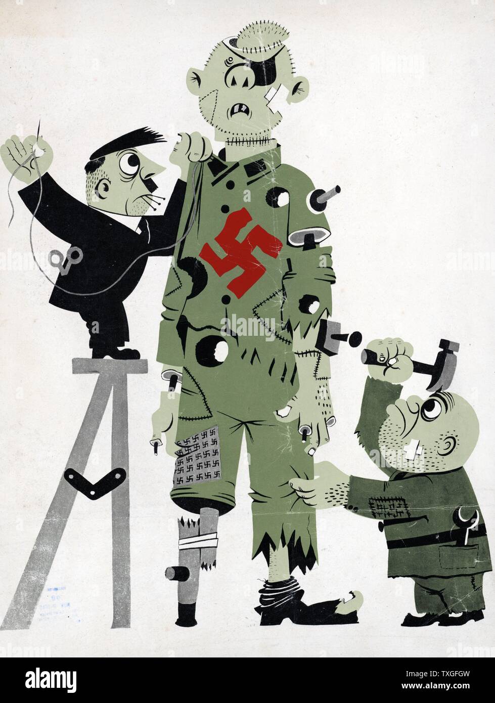 American cartoon of Hitler and Mussolini tacking together a broken puppet representing the axis; the puppet has a large red swastika on its chest. 1944 Stock Photo
