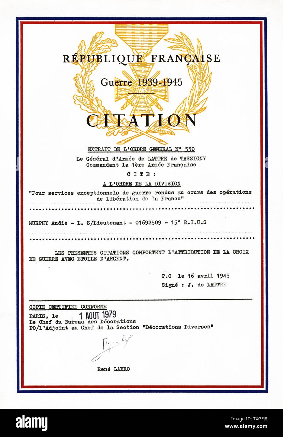 Certificate confirming the award to Audie Murphy by France, of the Croix de guerre with Silver Star Medal 1945. Audie Leon Murphy (20 June 1925 – 28 May 1971) was one of the most decorated American combat soldiers of World War II, Stock Photo