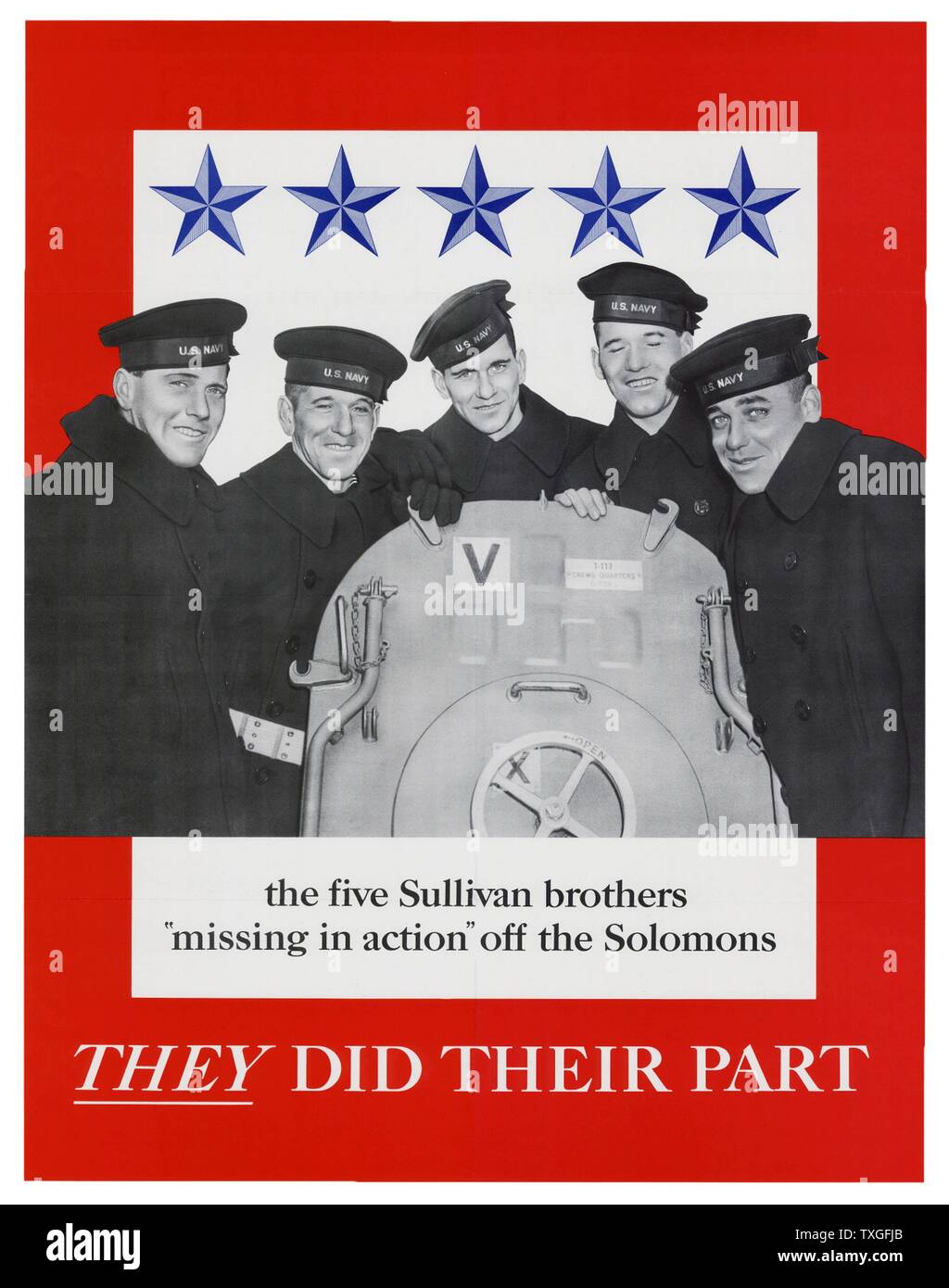 Patriotic American war poster concerning five brothers missing in action in the Pacific, during World war Two. 1943 Stock Photo
