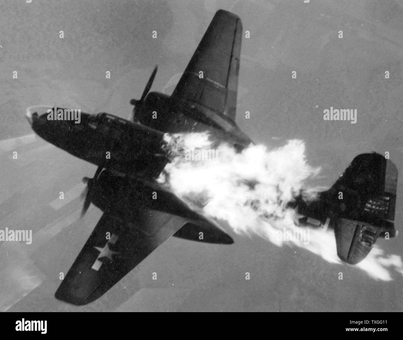 Douglas A-20J-10-DO (S/N 43-10129) of the 409th or 416th Bomb Group after being hit by flak over Germany. 1944 Stock Photo