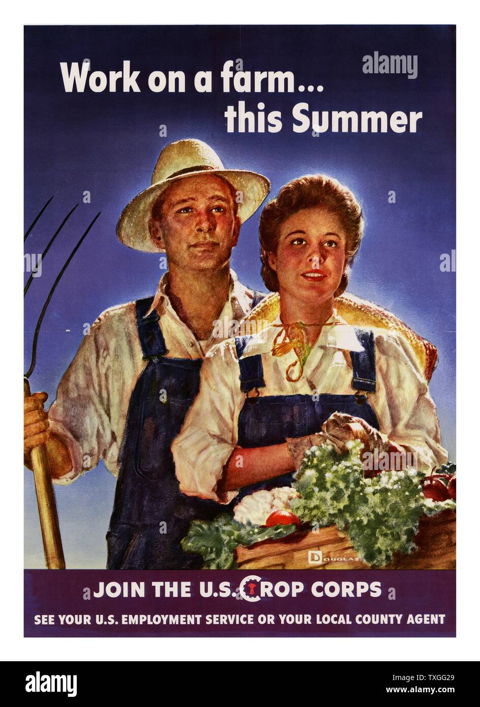 Propaganda poster from WWII advertising the importance of helping the war effort through farm employment. Stock Photo