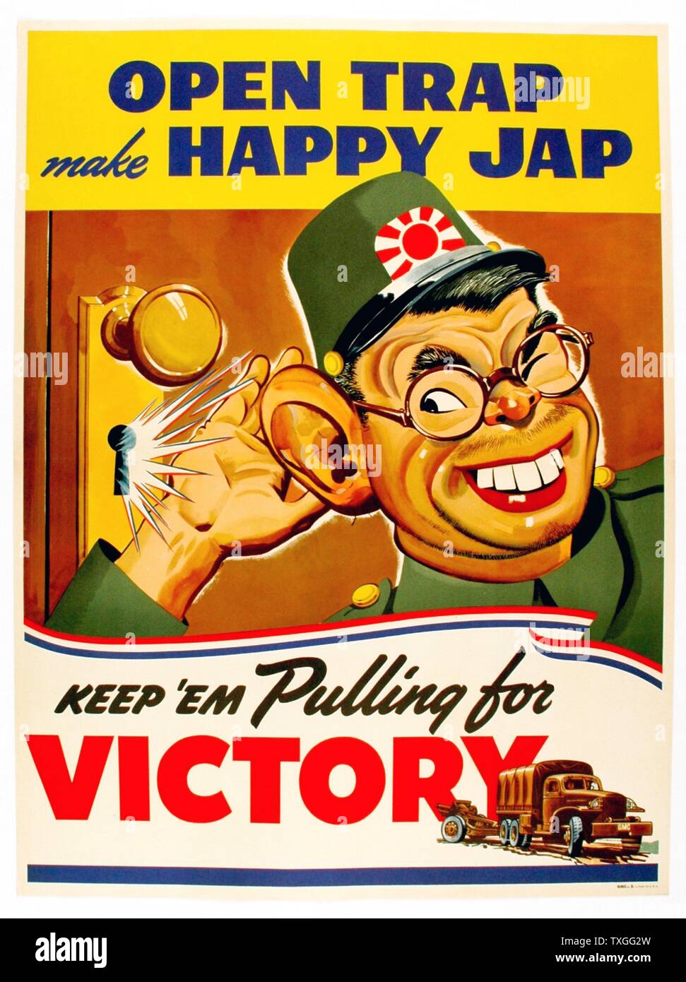 Propaganda Poster from WWII. Poster warning against 'loose talk' (talking about strategies or troop movements etc.) especially in front of Japanese people. Title reads 'Open Trap make Happy Jap' Stock Photo