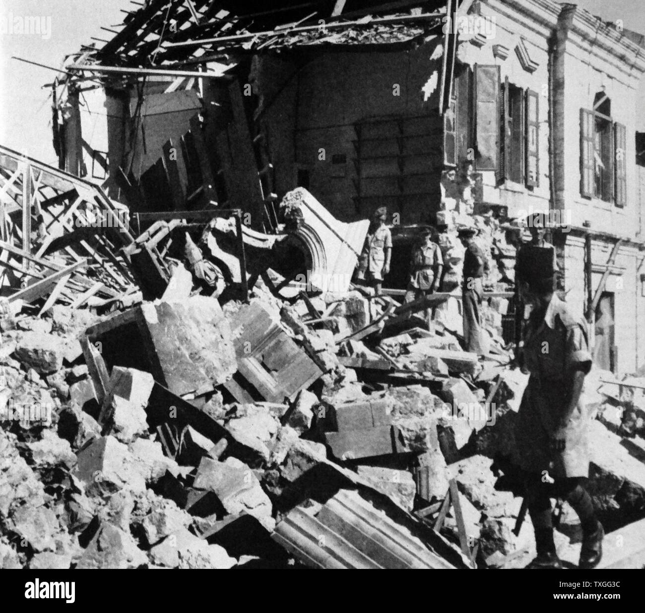 bombing carried out on Monday July 22, 1946 by the militant Zionist underground organization, the Irgun, on the British administrative headquarters for Palestine at the King David Hotel in Jerusalem. 91 people of various nationalities were killed and 46 were injured Stock Photo