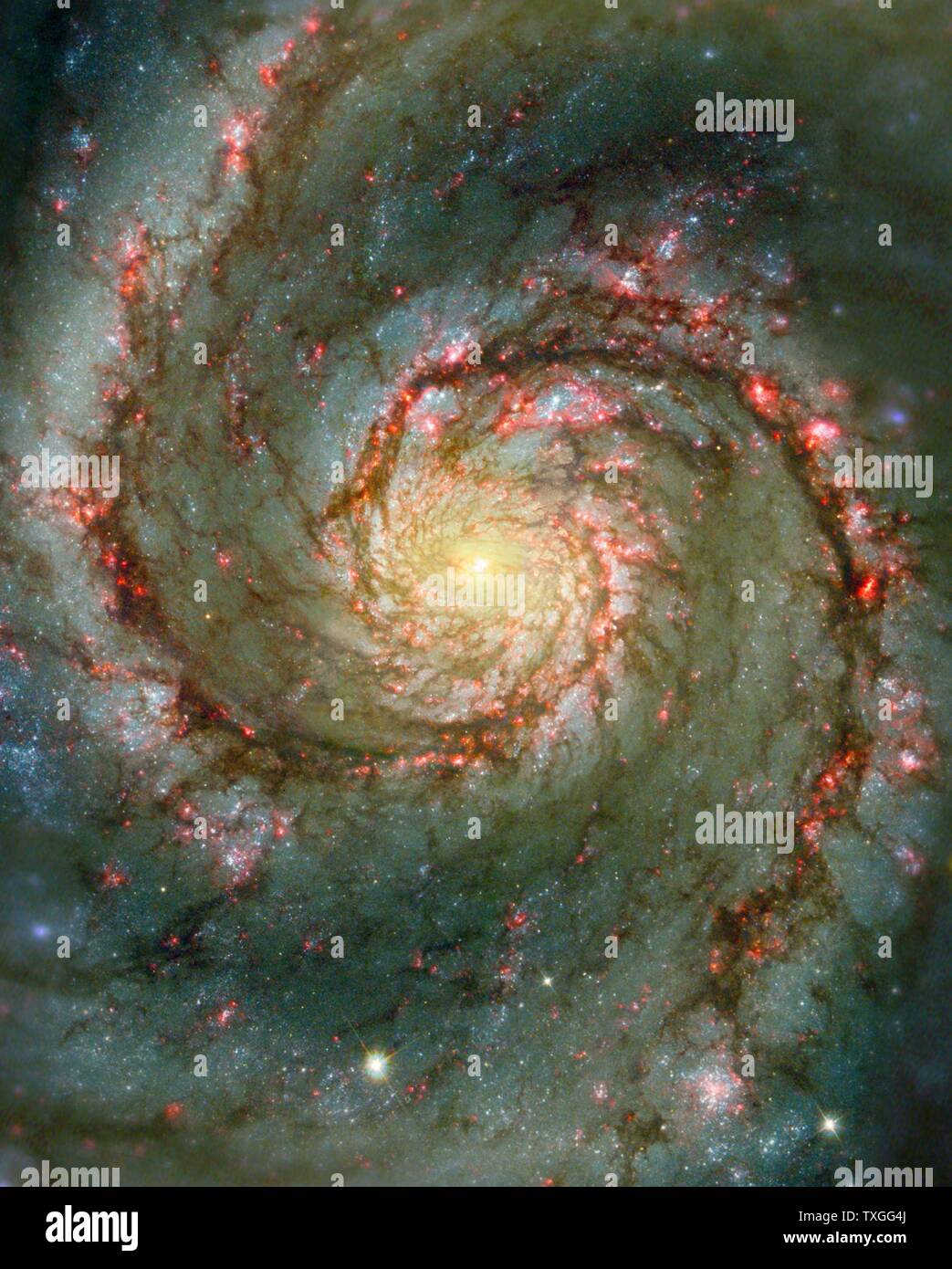 The Whirlpool Galaxy, also known as M51 or NGC 5194, is having a close encounter with a nearby companion galaxy, NGC 5195, just off the upper edge of this image. Stock Photo