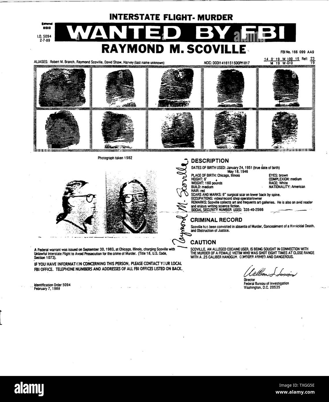 FBI Most Wanted poster for Raymond M. Scoville. Scoville was arrested for the murder of his lover and business partner Colleen Rachich. He shot her eight times in 1982 but vanished after his arrest and has yet to be found. He was convicted of her murder in his absence and sentenced to 40 years. Stock Photo