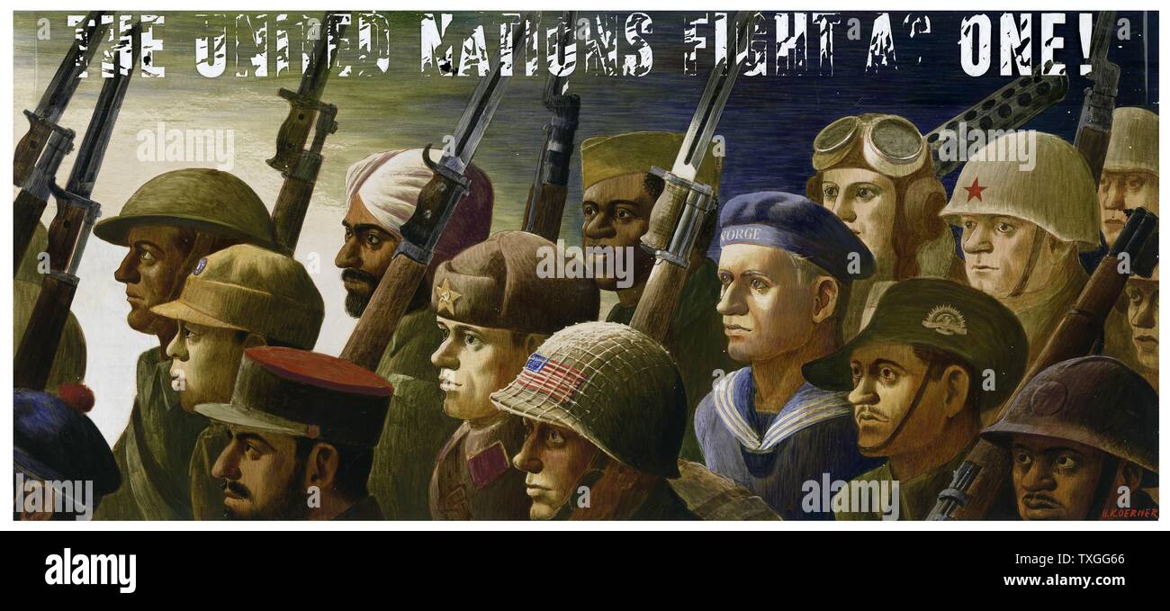 American propaganda poster depicting the allied armies during World war two 1942 Stock Photo