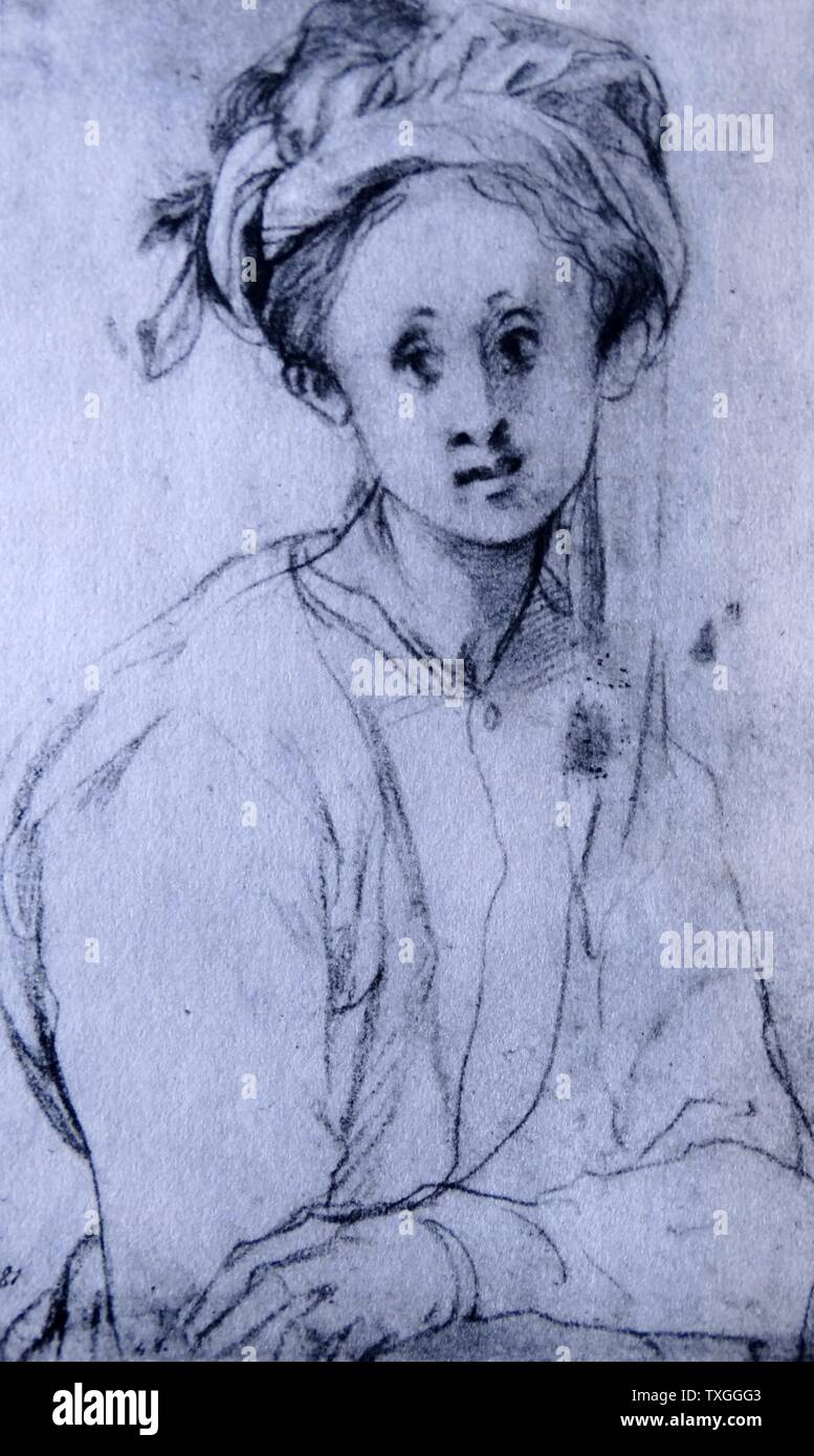 Chalk drawing titled 'Study of a Young Girl' by Pontormo (1494-1557) Italian Mannerist painter and portraitist from the Florentine School. Dated 16th Century Stock Photo