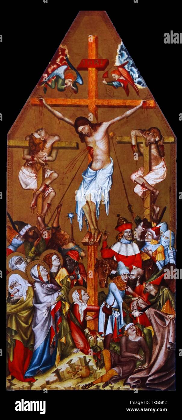 Painting titled 'The Crucifixion' by Bohemian Master. Dated 14th Century Stock Photo