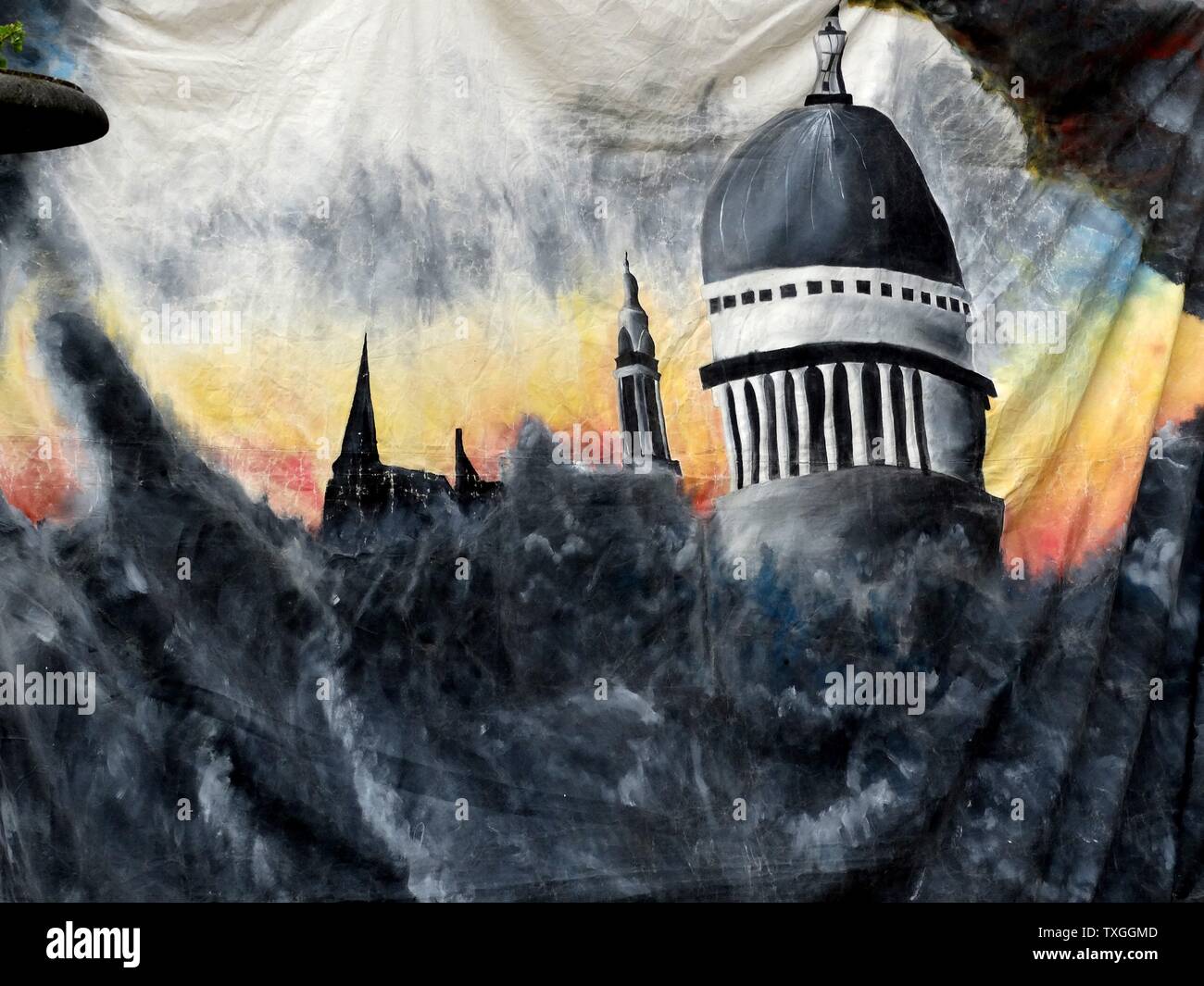 Painted sheet of cotton depicting the iconic sight of St Paul's Cathedral in London surviving an air raid during the Blitz in World War Two 1940 Stock Photo