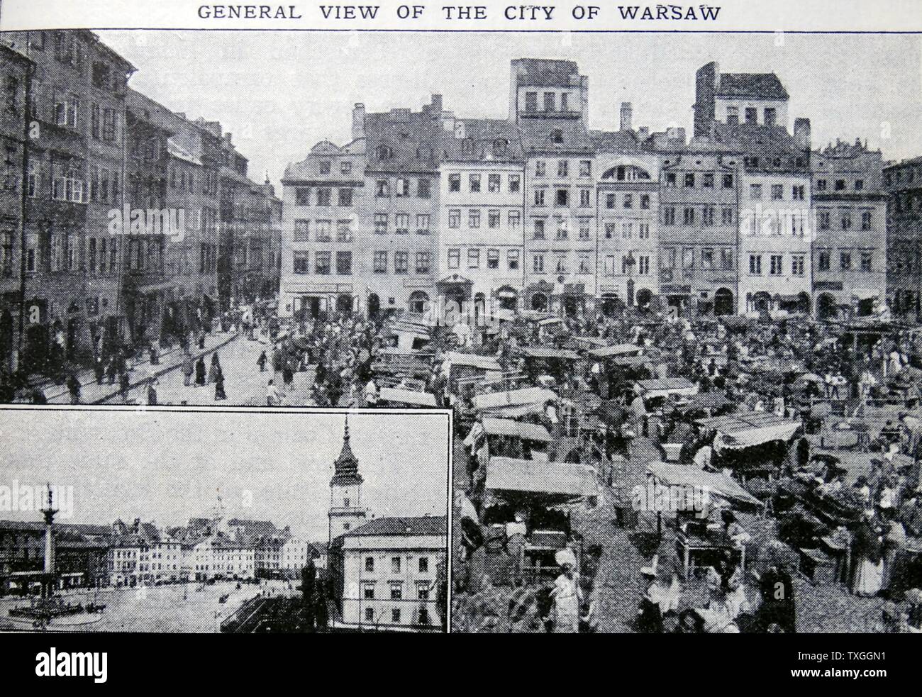 Antique print of the city of Warsaw Poland. Dated 1915 Stock