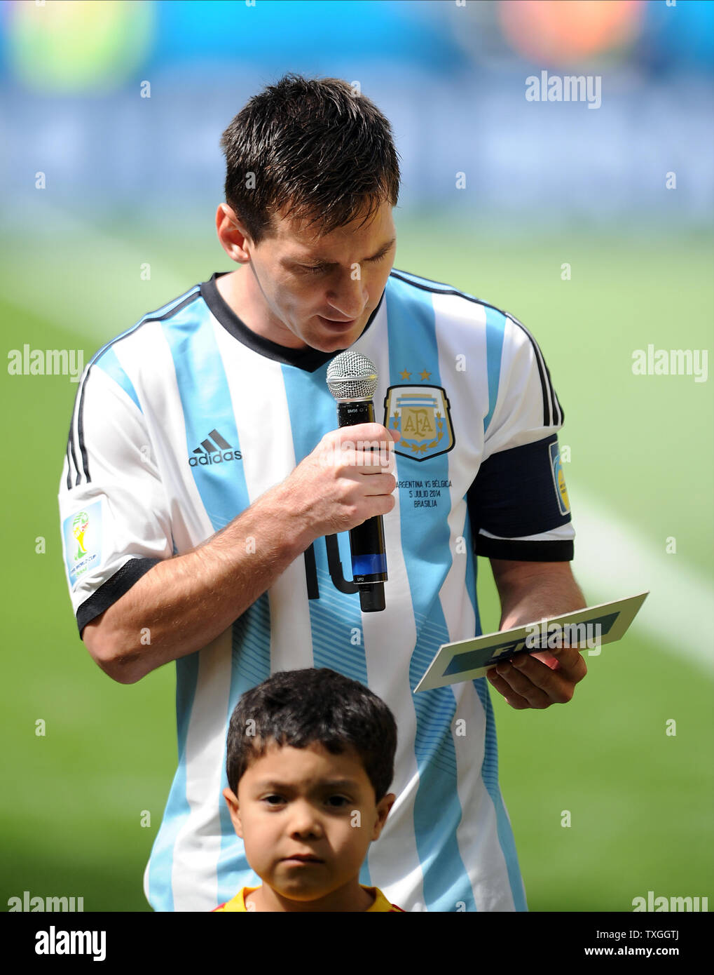 Lionel Messi of Argentina speaks to the crowd ahead of the 2014 FIFA World Cup Quarter Final match at the Estadio Nacional in Brasilia, Brazil on July 05, 2014. UPI/Chris Brunskill Stock Photo