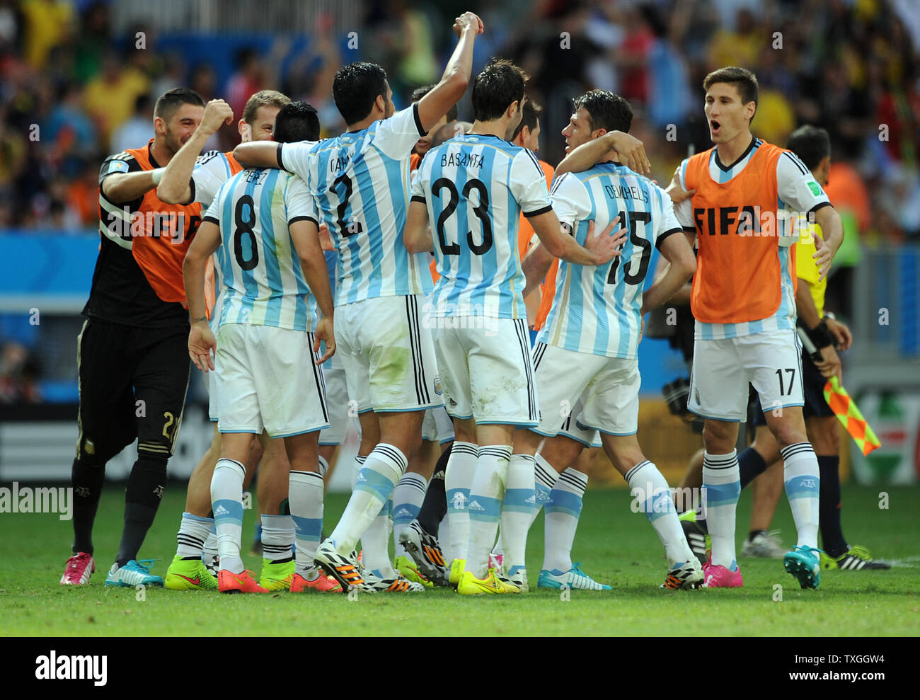 Argentina celebrate at full-time following the 2014 FIFA World Cup Quarter Final match at the Estadio Nacional in Brasilia, Brazil on July 05, 2014. UPI/Chris Brunskill Stock Photo